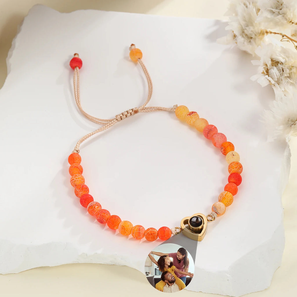 Personalized Projection Bracelet With Picture Inside Colorful Bead Chain Heart Pendant Bracelet Family Pet Memorial Gift Jewelry