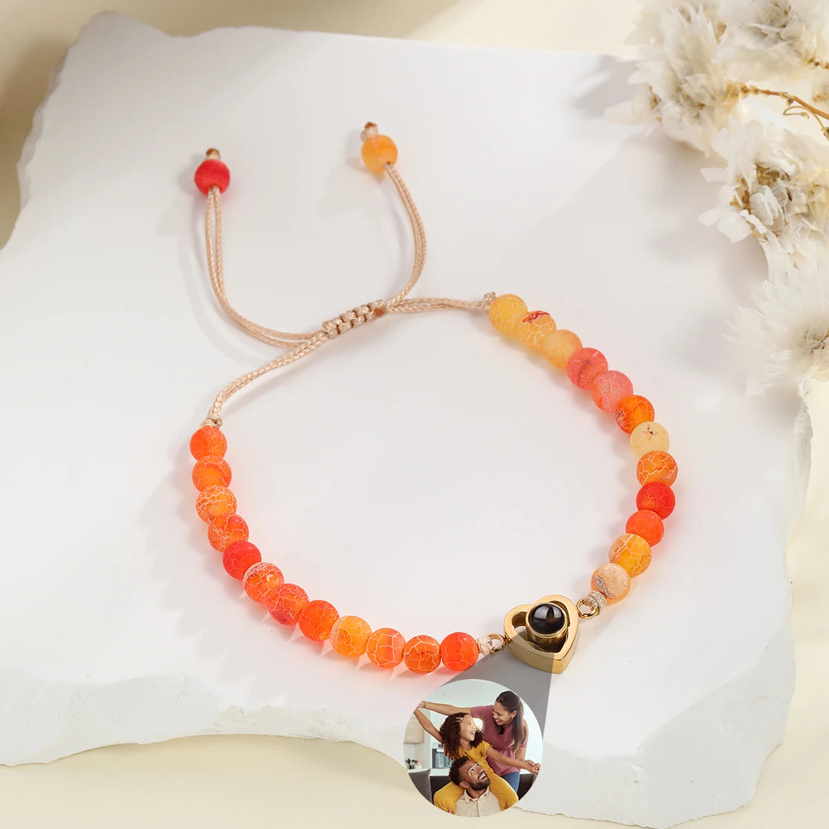 Personalized Projection Bracelet With Picture Inside Colorful Bead Chain Heart Pendant Bracelet Family Pet Memorial Gift Jewelry