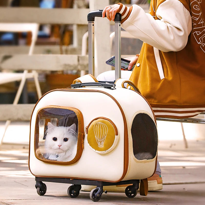 Portable Outing Cats Carrier Pull Rod Box Pet Trolley Case Puppy Travel Transport Bag Cat Cage Handbag Dog Breathable Backpack