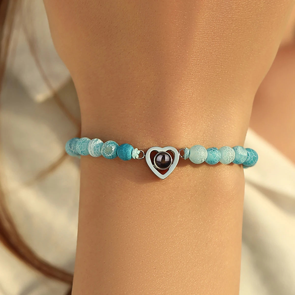 Personalized Projection Bracelet With Picture Inside Colorful Bead Chain Heart Pendant Bracelet Family Pet Memorial Gift Jewelry