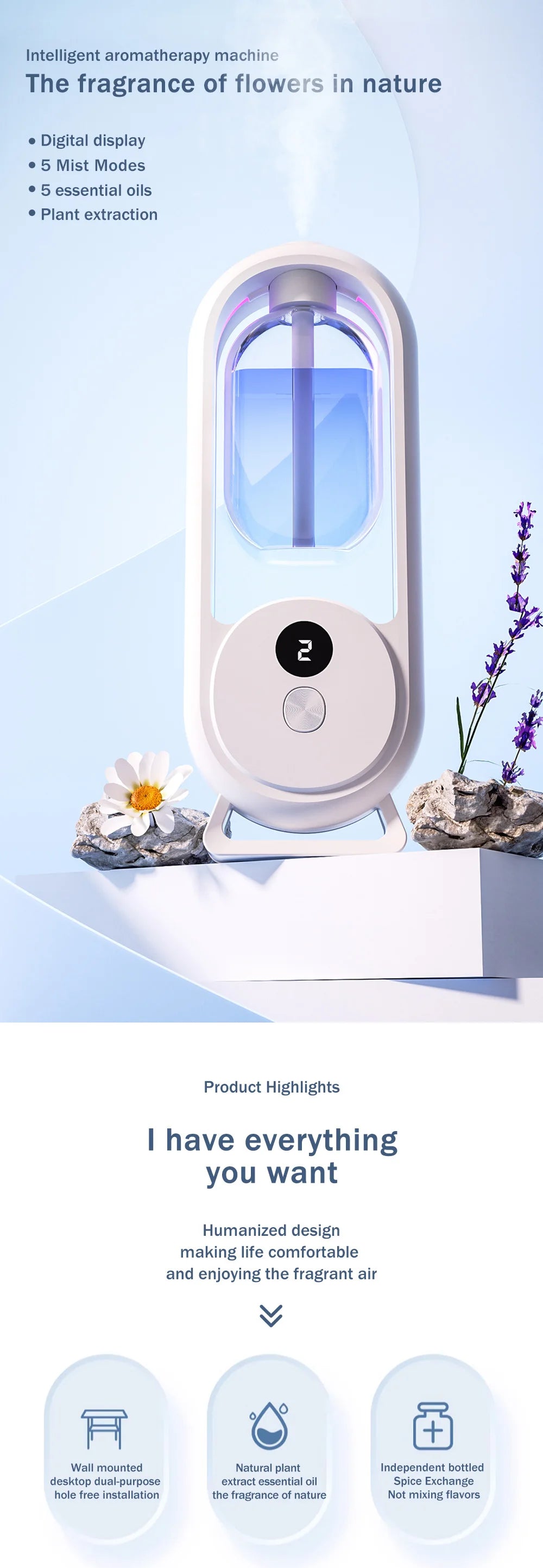Reŝargebla portebla aroma difuzilo Esenca Oleo Aromaterapia maŝino Tempigita aerfreŝigilo por forigi odorojn 5 ​​reĝimoj tempigita ŝprucado