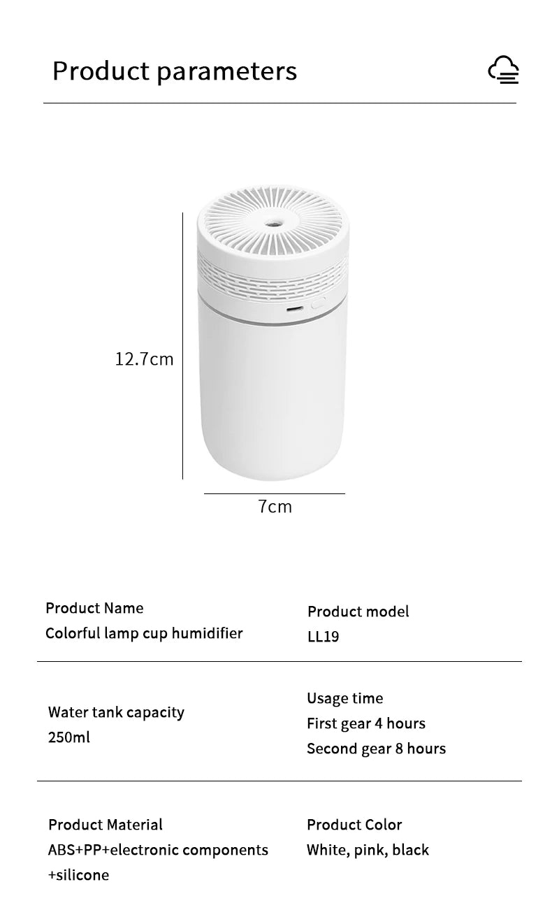 Car Air Humidifier Portable Mini Spray humidifier with LED light USB-powered Aromatherapy oil diffuser for bedroom and travel