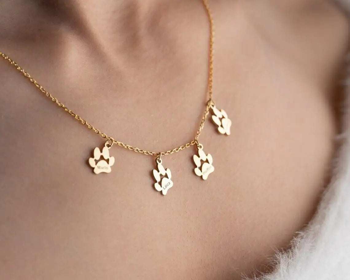 18K Gold-Plated Pet Paw Print Name Necklace Simple Personalized Necklace Custom Jewelry Dog Paw Necklace Cat Paw Pet Jewelry