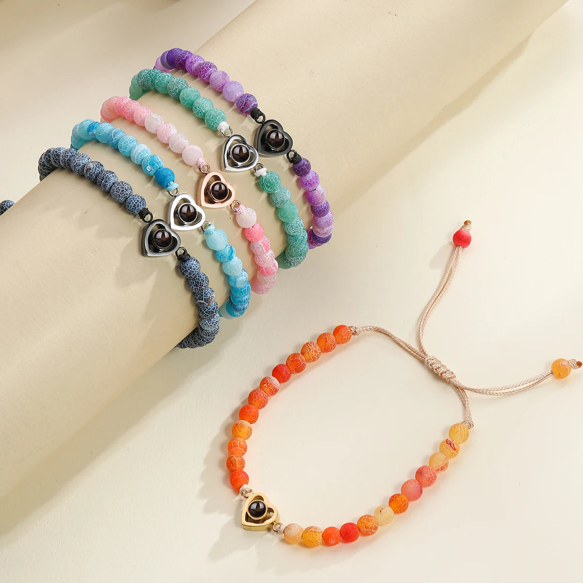 Personalized Projection Bracelet With Picture Inside Colorful Bead Chain Heart Pendant Bracelet Family Pet Memorial Gift Jewelry
