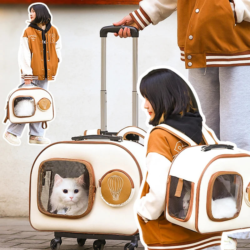 Portable Outing Cats Carrier Pull Rod Box Pet Trolley Case Puppy Travel Transport Bag Cat Cage Handbag Dog Breathable Backpack