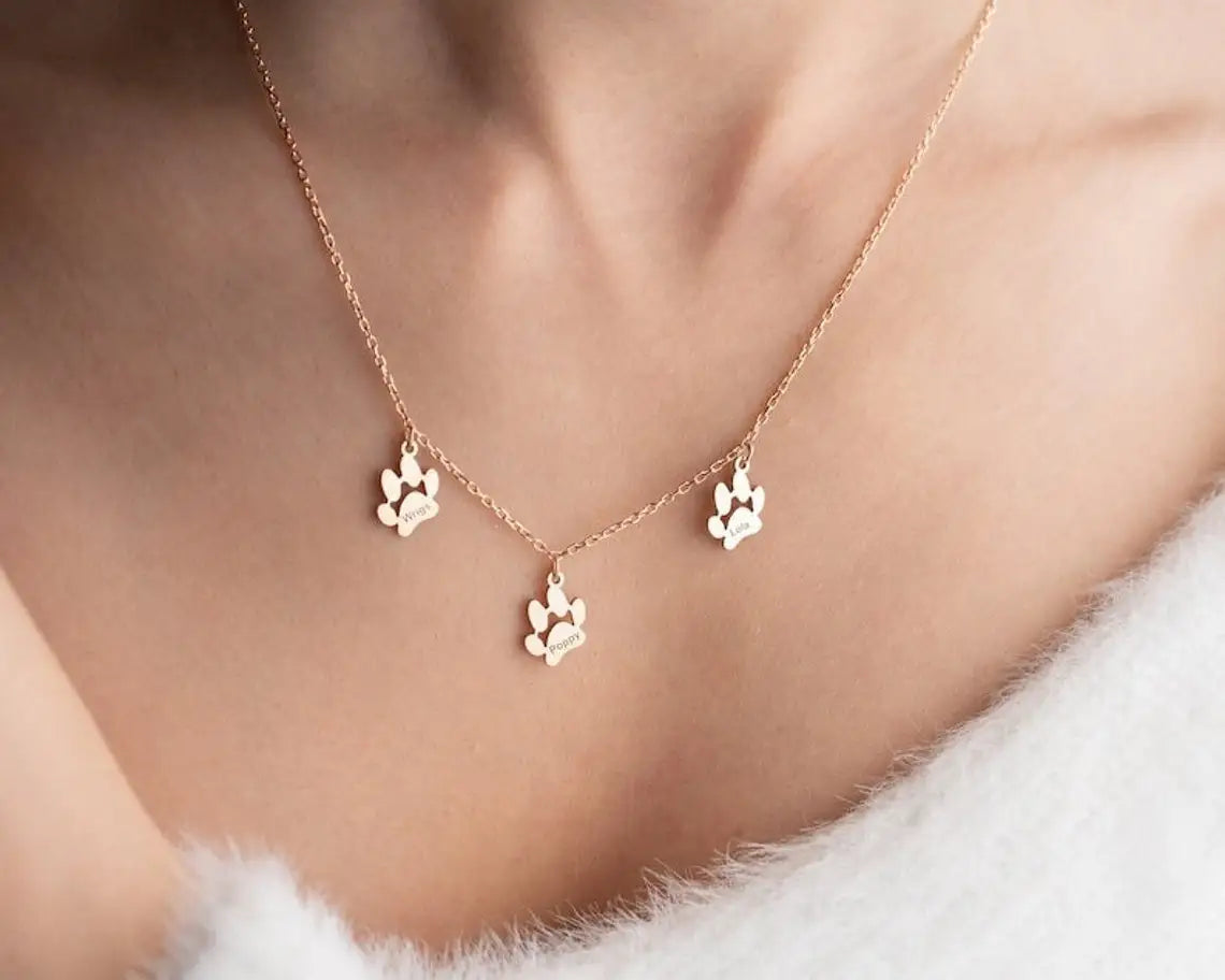 18K Gold-Plated Pet Paw Print Name Necklace Simple Personalized Necklace Custom Jewelry Dog Paw Necklace Cat Paw Pet Jewelry