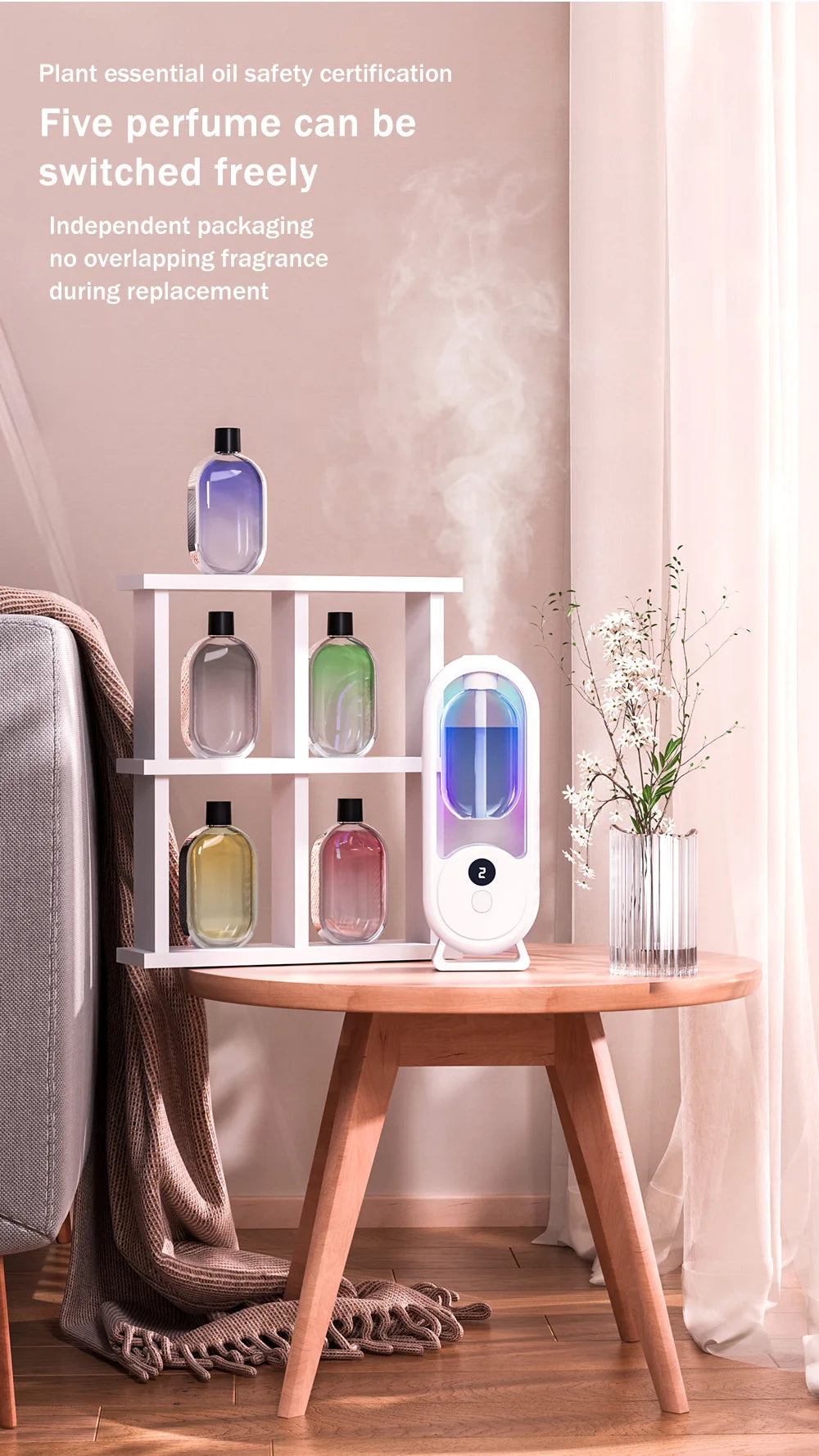 Reŝargebla portebla aroma difuzilo Esenca Oleo Aromaterapia maŝino Tempigita aerfreŝigilo por forigi odorojn 5 ​​reĝimoj tempigita ŝprucado