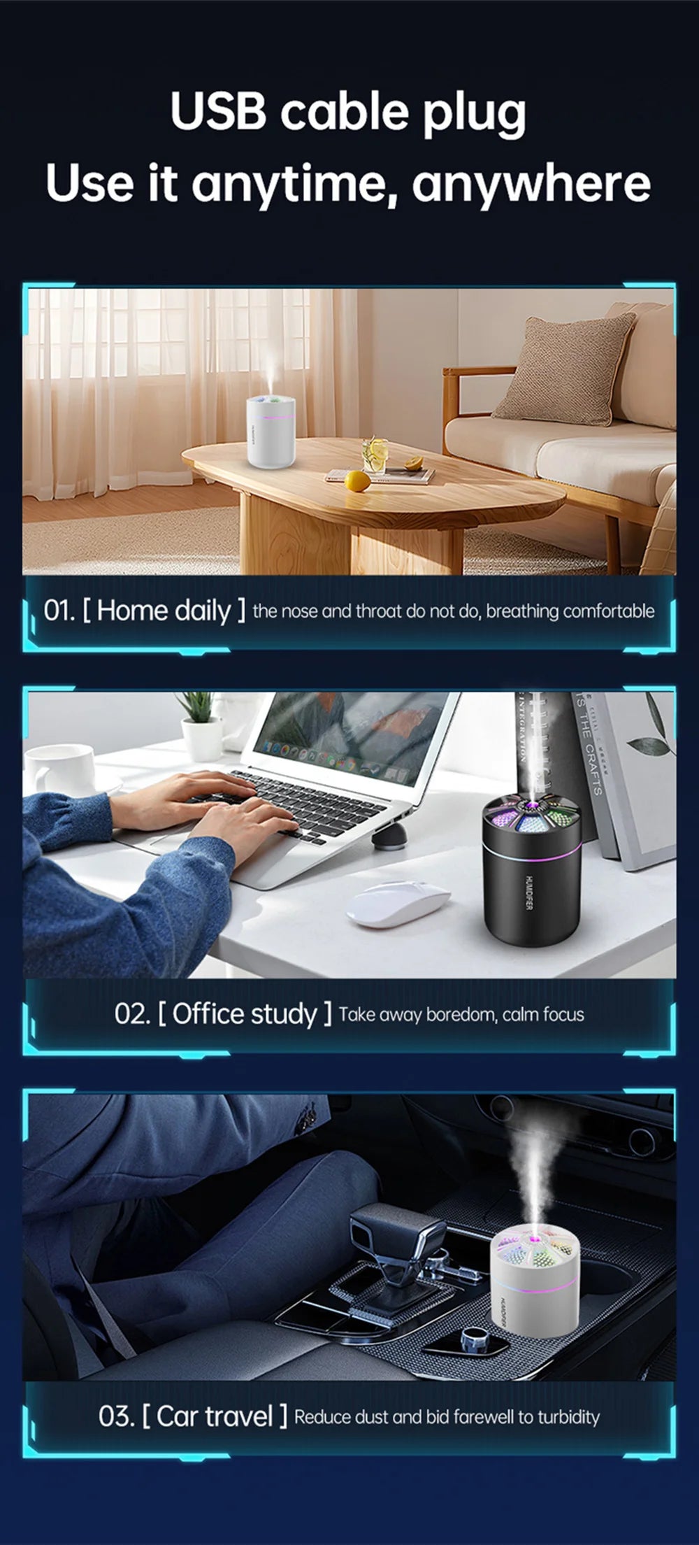 colorful Air Humidifier USB Electric Aroma Diffuser Essential Oil Purifier Aromatherapy Mist Maker Lights For Car Home Bedroom