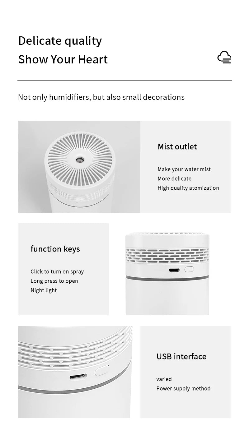 Car Air Humidifier Portable Mini Spray humidifier with LED light USB-powered Aromatherapy oil diffuser for bedroom and travel
