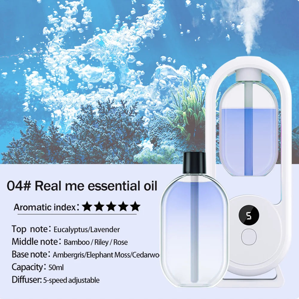 Reŝargebla portebla aroma difuzilo Esenca Oleo Aromaterapia maŝino Tempigita aerfreŝigilo por forigi odorojn 5 ​​reĝimoj tempigita ŝprucado