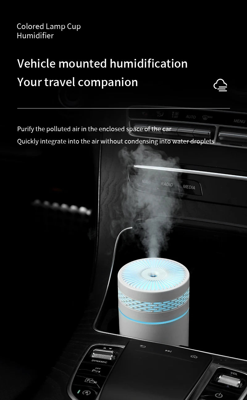 Car Air Humidifier Portable Mini Spray humidifier with LED light USB-powered Aromatherapy oil diffuser for bedroom and travel